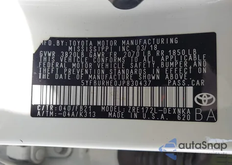 2018 Toyota Corolla Le из США, поврежденный, VIN 5YFBURHE0JP830437